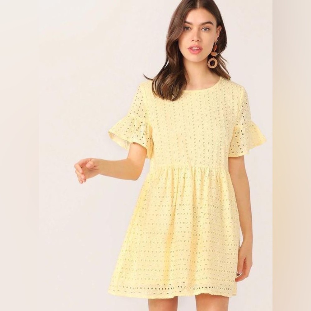Flounce Sleeve Yellow Eyelet Dress